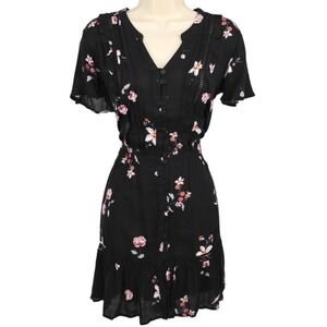 American Rag Black Floral Button Front Dress Flutter Sleeve Ruffle Hem XXS NWT